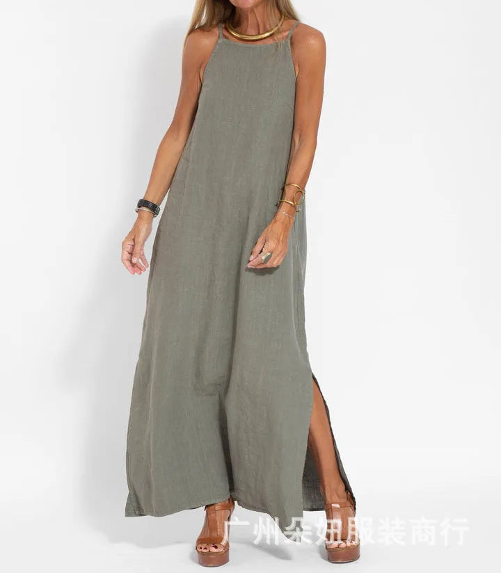 Women Cotton linen Side Split Long Slip Dress Summer Lady Strapless Solid Color Holiday Party Dresses FYY-10080
