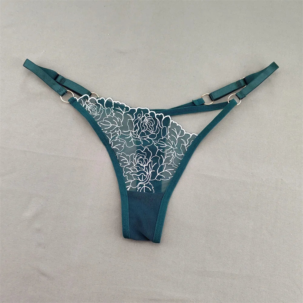 3pcs V-shaped Sexy Lace Floral Thong Women Hollow Out V-Strings Adjustable Belt Transparent Underwear