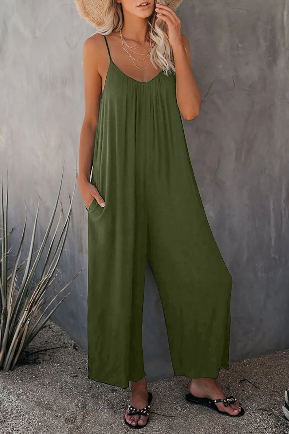 European and American Suspender Women's 2023 Summer New Foreign Trade Tolid Color Pocket Casual Jumpsuit