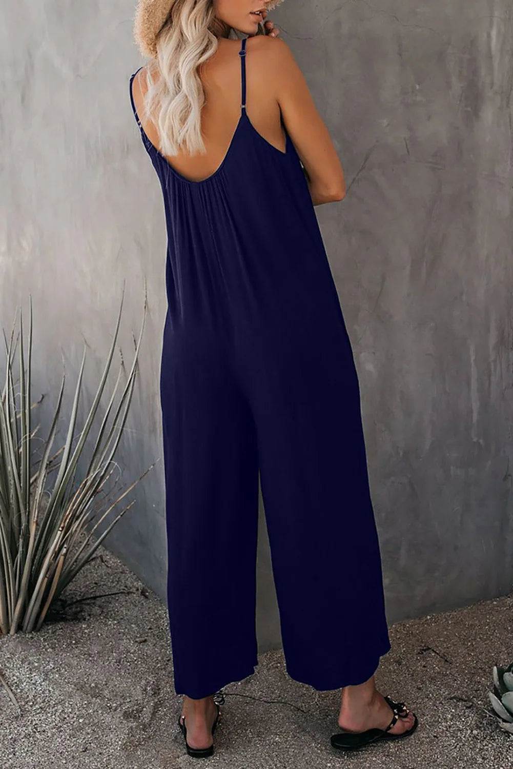 European and American Suspender Women's 2023 Summer New Foreign Trade Tolid Color Pocket Casual Jumpsuit
