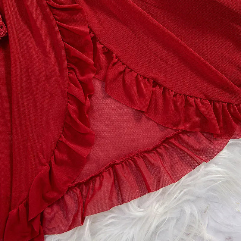 Women's Deep V Neck Low Cut Panty Pijamas Backless Mesh Transparent Red Sexy Lingerie See Through Sleepwear Lace Nightdress