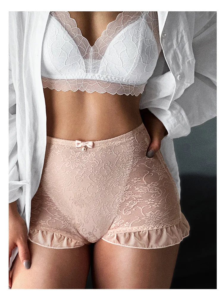 SP&CITY High Waist Flower Embroidery Sexy Lace Women's Underwear Transparent Shorts Mesh Hollowed Panties Ruffle Seamless Briefs