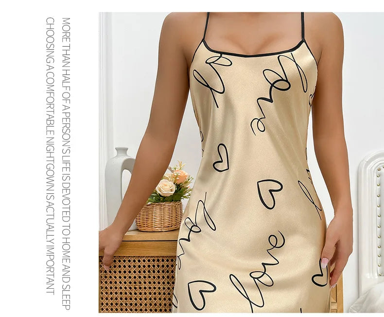 Silk Satin Women Nightgown Sleeveless Cross Back Sleepwear Letter Print Round Neck Nightwear Pajama Dress Female Homewear Cloth