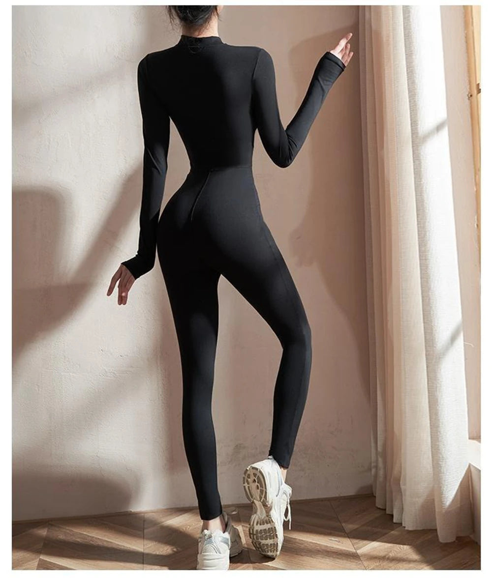 Womens Jumpsuits Long Sleeve Yoga Slim Fit Stretch One Piece Romper Sexy Fitness Female Black Basic Sportwears Tight Zipper