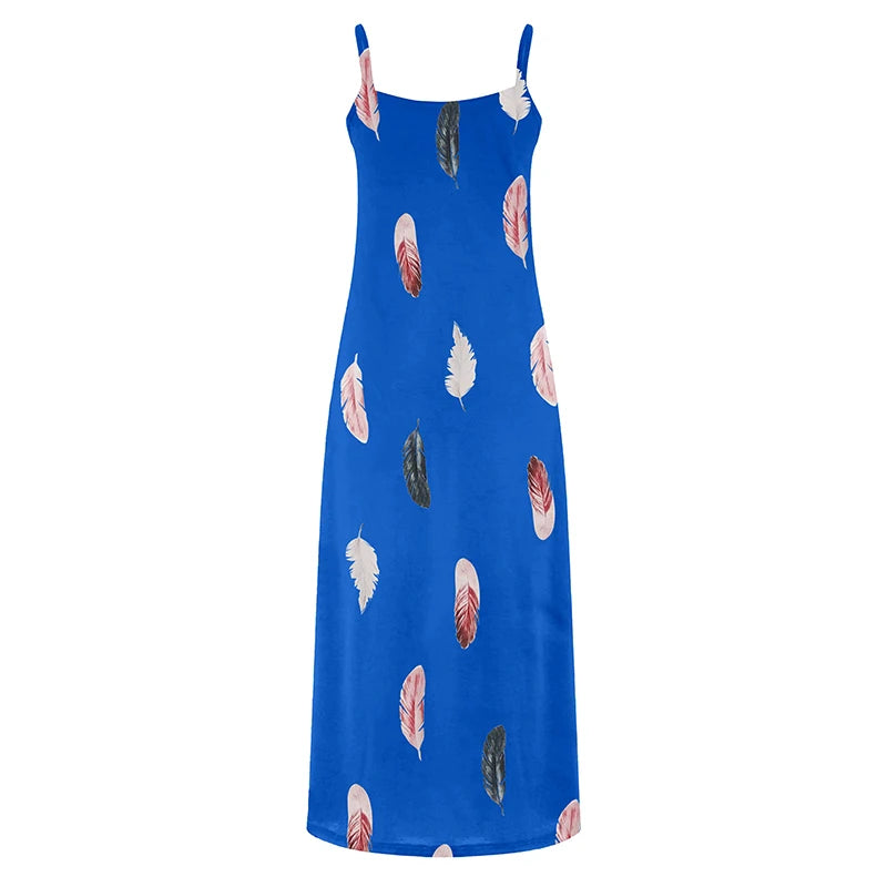 8Colour All-Season Chic Feather Print Maxi Dress Casual V-Neck Comfort Stretch Easy Care