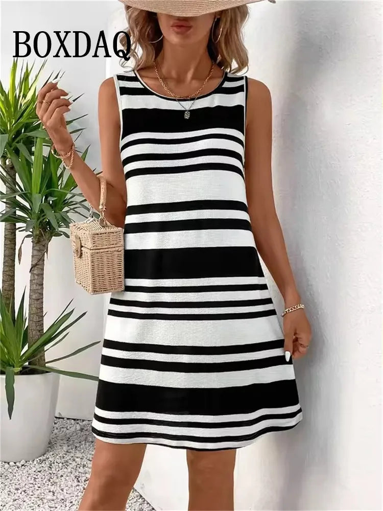 Striped Print Dresses Summer Elegant Women'S Clothing Fashion Loose Sleeveless A-Line Dress 2025 Sundress Casual Plus Size Dress