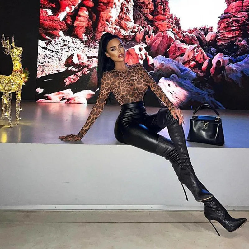 Ladies Autumn One Piece Leopard Print New Fashion Long Sleeve O-Neck Skinny Sexy Bodysuit Women Party Club Wear Y2K Fall Outfits