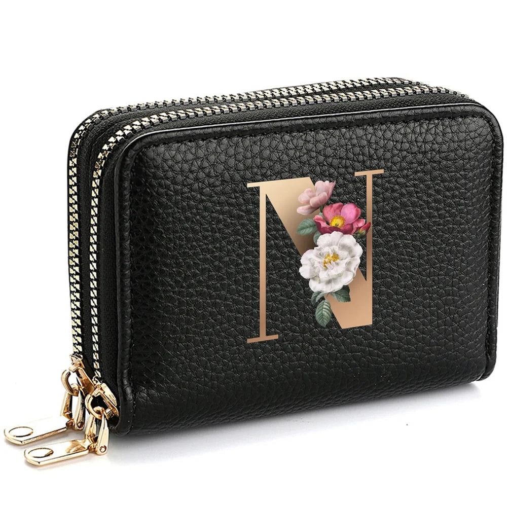 Women's Credit Card Holder Wallet, Fashionable Double-Zipper Letter Printed multi-slot Credit Card And Coin Wallet for Women