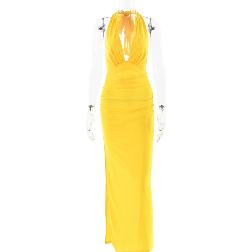 Ladies Summer Fashion Evening Party Dress Women Backless Deep V-Neck Halter Sexy Long Dresses Woman Clothes Birthday Clubwear