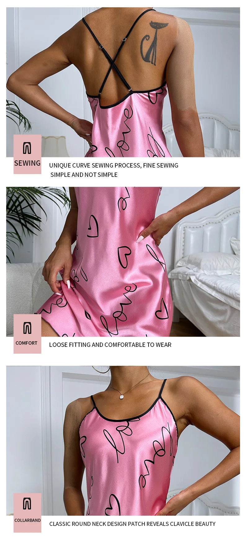 Silk Satin Women Nightgown Sleeveless Cross Back Sleepwear Letter Print Round Neck Nightwear Pajama Dress Female Homewear Cloth