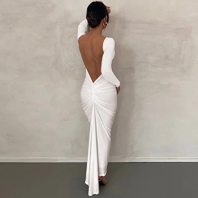 Ladies Autumn Elegant Evening Party Dress Women Long Sleeve Backless Ruched Fashion Long Dresses Woman Clothes Birthday Clubwear