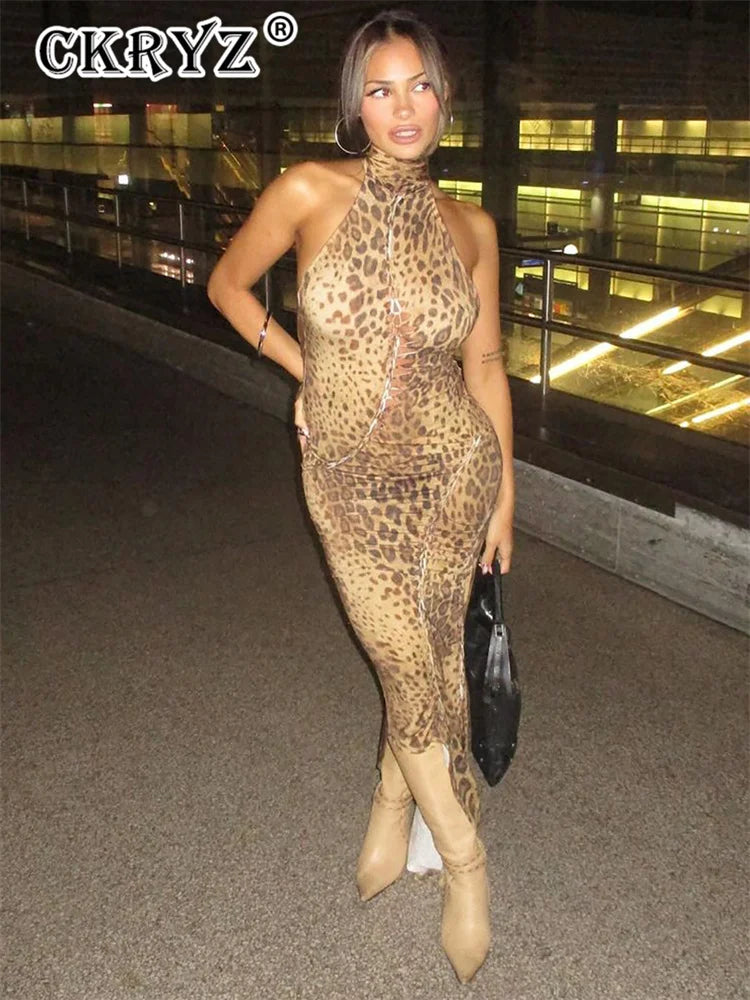 Ladies Summer Leopard Print New Fashion Evening Party Dress Women Sleeveless Backless Halter Midi Dresses Woman Clothes Clubwear