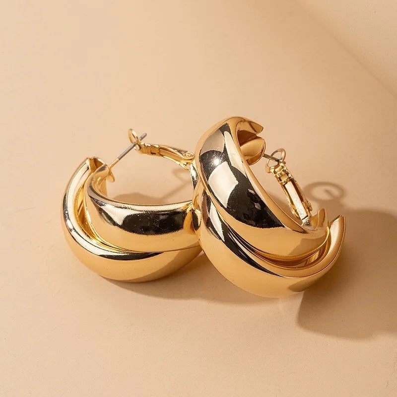 Stainless Steel Chunky Hoop Earrings for Women Girls Gold Color Double Ring Thick Geometric Drop Earrings Statement Jewelry Gift