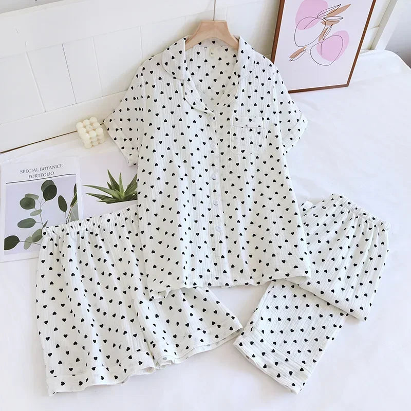 Small Love Heart Printed Cotton Pajamas for Women Three Piece Set Spring and Summer Short Sleeved Shorts Homewear Long Pants Set