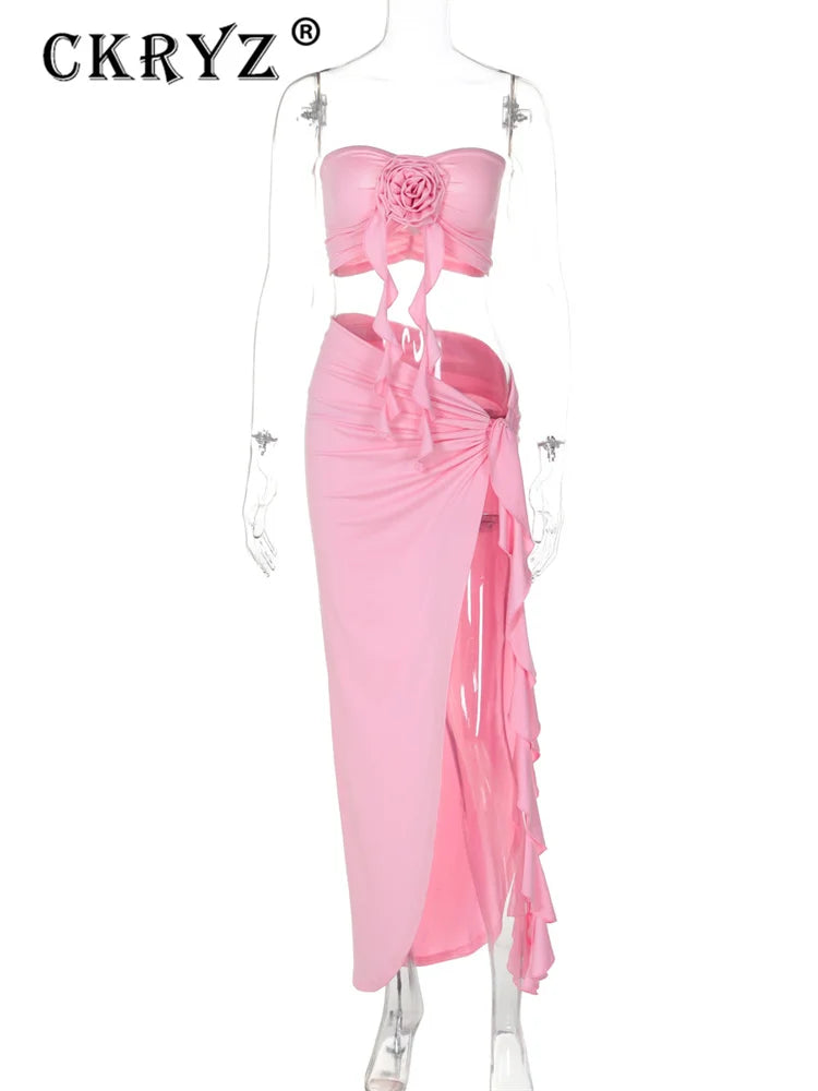 Ladies Matching Suit Applique Strapless Ruched Crop Top Ruffles Split Midi Dress Set Women Summer Party Club Y2K Fashion Outfits