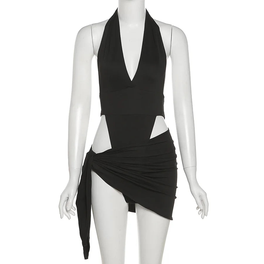 Ladies 2 Pieces Dress Set Women Sleeveless Backless Halter Bodysuit Top Skirt Matching Sets Woman Clothes Club Streetwear 2025