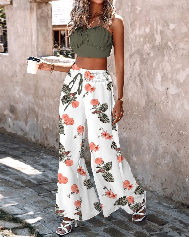 Women's 2024 Summer New Commuter Sexy Sleeveless Short Strap Pants Two Piece Set Fashion Printed Strap Wide Leg Pants Set