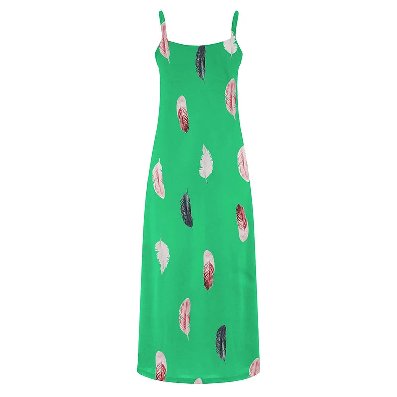 8Colour All-Season Chic Feather Print Maxi Dress Casual V-Neck Comfort Stretch Easy Care