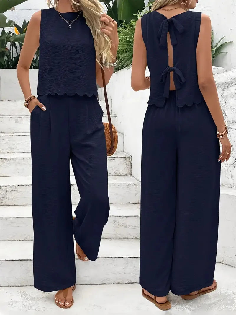 QX Women's Two-piece Suit 2025 Black Apricot 32973 Elastic Waist Suit Best-selling Sleeveless Tie Fashion Trousers