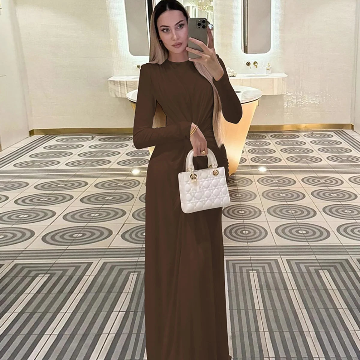 Women's Formal Occasion Dress Elegant Ladies O-neck Long Sleeve Folds High Waist Bodycon Gray Dresses Evening Party Robe