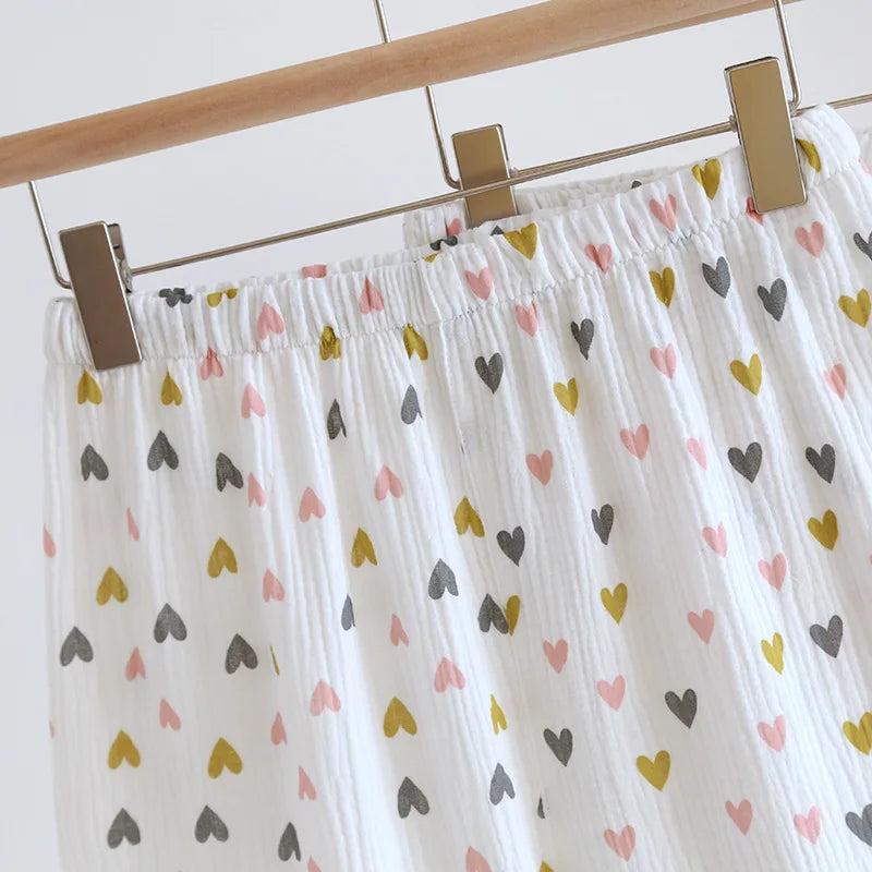 Small Love Heart Printed Cotton Pajamas for Women Three Piece Set Spring and Summer Short Sleeved Shorts Homewear Long Pants Set