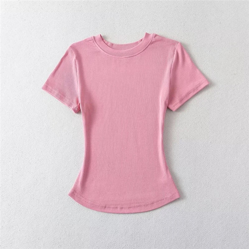 LUNDUNSHIJIA 2024 Summer Sexy Women Basic O-neck Short Sleeve T-shirt Ladies Slim Elasticity Cotton Tee Tops 12 Colors