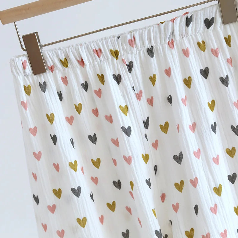 Small Love Heart Printed Cotton Pajamas for Women Three Piece Set Spring and Summer Short Sleeved Shorts Homewear Long Pants Set