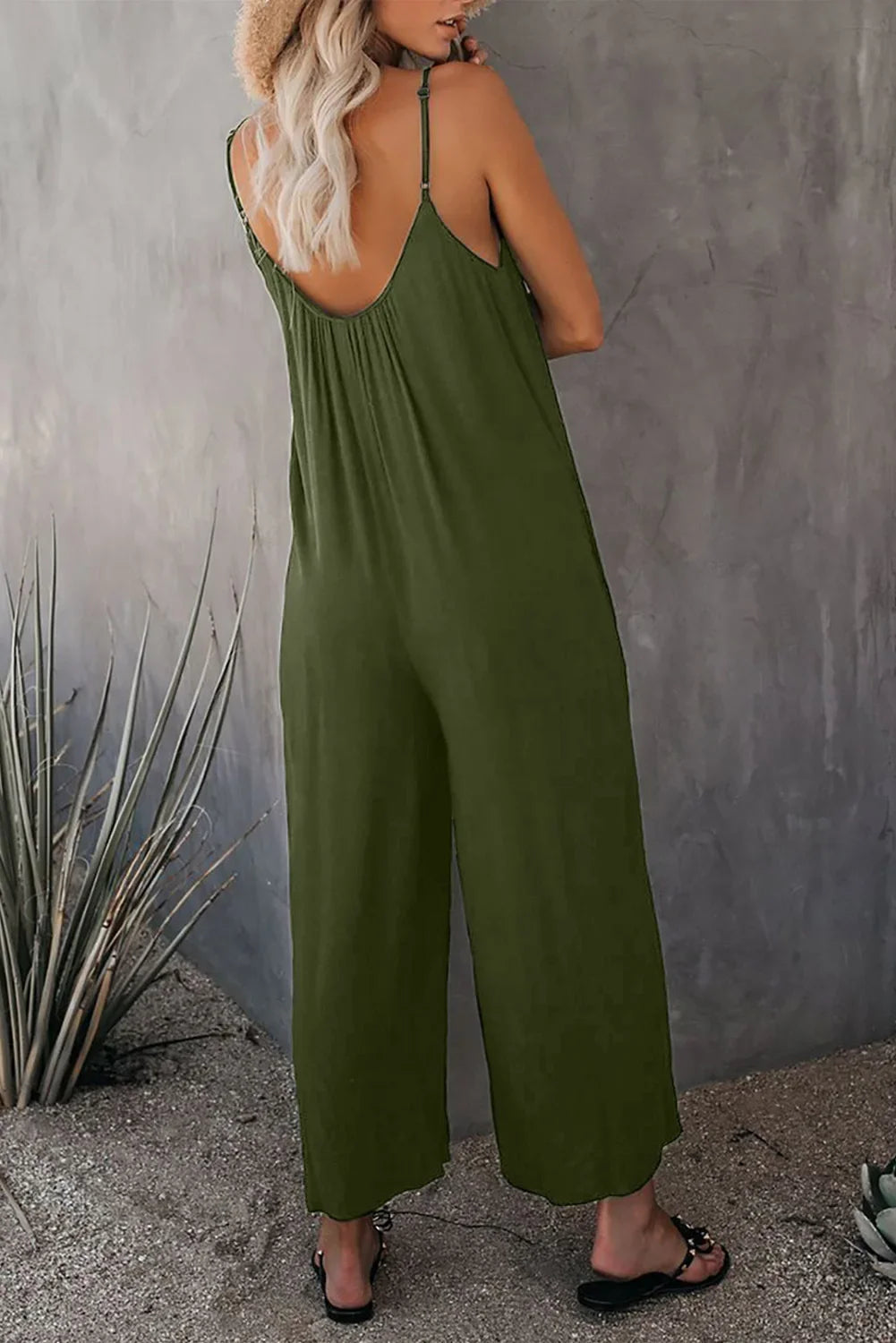 European and American Suspender Women's 2023 Summer New Foreign Trade Tolid Color Pocket Casual Jumpsuit