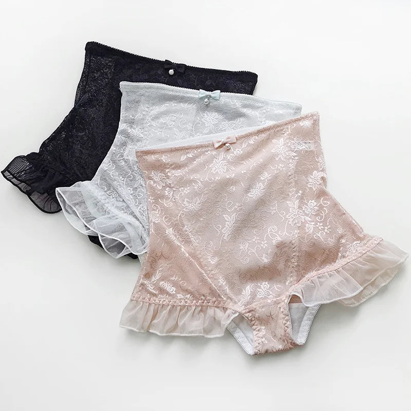 SP&CITY High Waist Flower Embroidery Sexy Lace Women's Underwear Transparent Shorts Mesh Hollowed Panties Ruffle Seamless Briefs