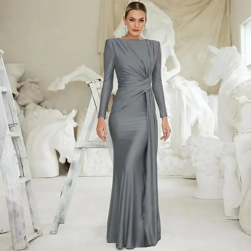 Elegant High Waist Pleated Maxi Dress Women's New Solid O Neck Long Sleeve Slim Dress Luxury Party Evening Gown Robe