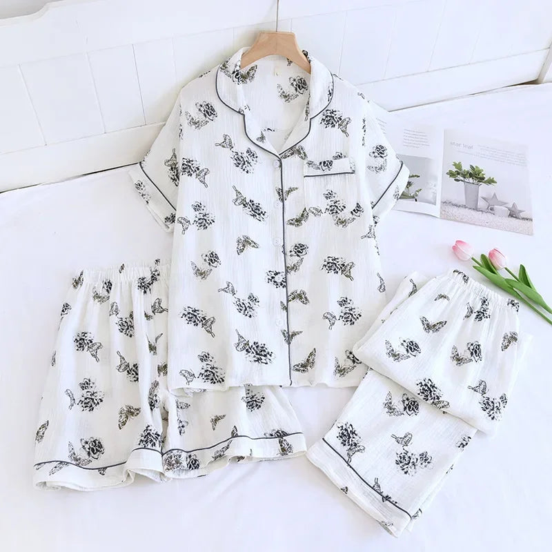 Small Love Heart Printed Cotton Pajamas for Women Three Piece Set Spring and Summer Short Sleeved Shorts Homewear Long Pants Set