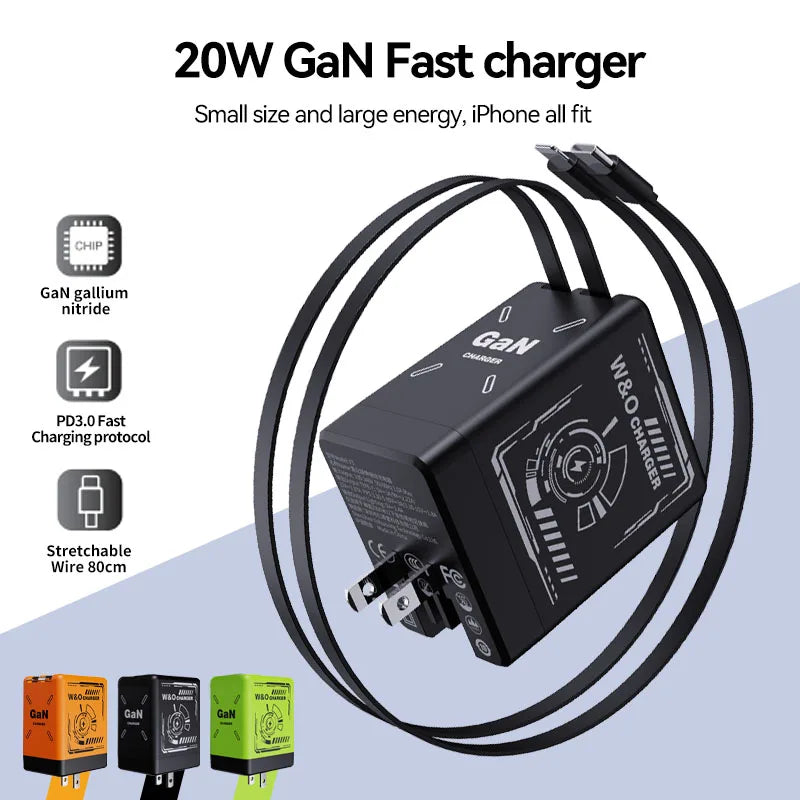 W&O GaN Fast Charging 20W Cable Type C and Lightning Liquid Silicone Cable for iPhone 14 15 Pro Max Xiaomi Realme Redmi 