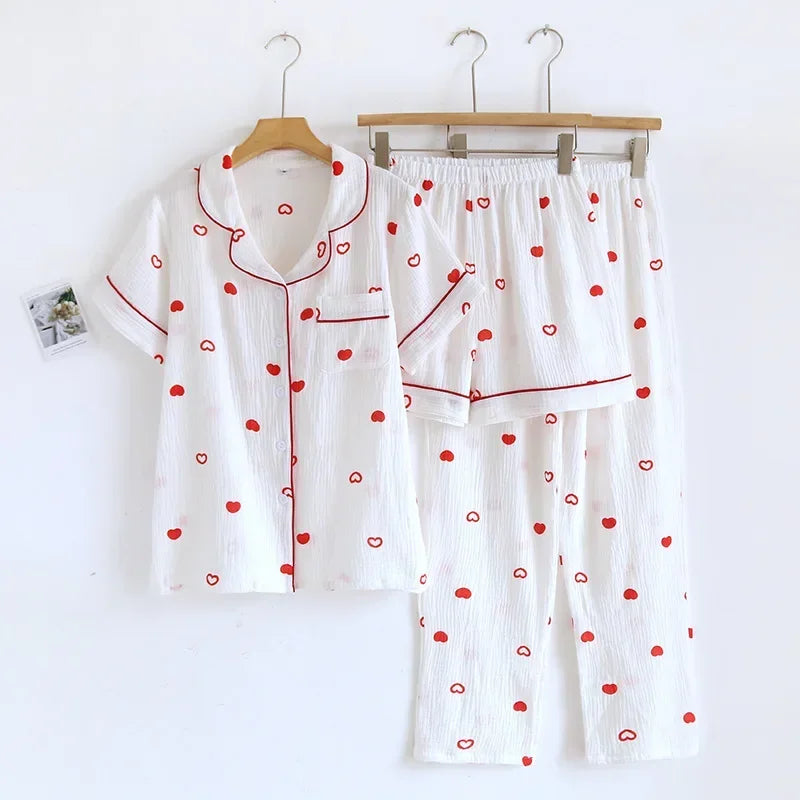 Small Love Heart Printed Cotton Pajamas for Women Three Piece Set Spring and Summer Short Sleeved Shorts Homewear Long Pants Set