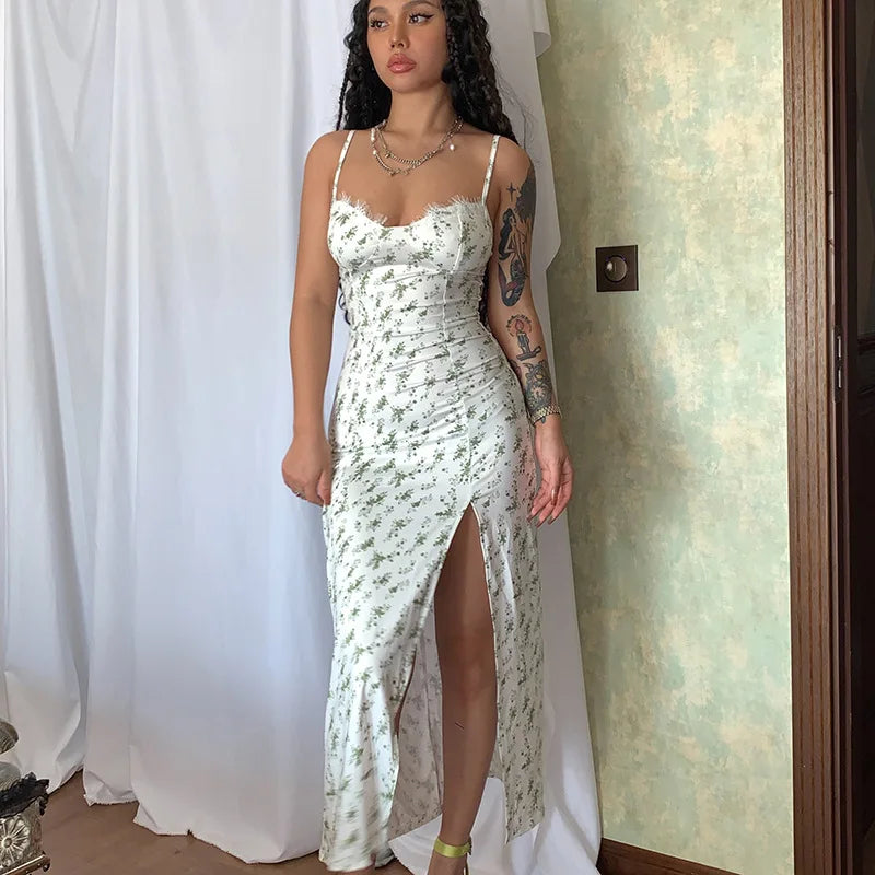 Ladies Summer Floral Print Fashion Evening Party Dress Women Sleeveless Backless Side Slit Midi Dresses Woman Clothes Clubwear