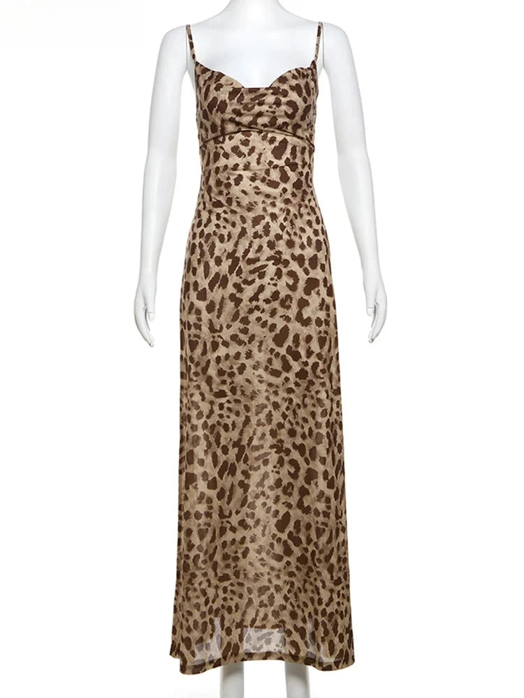 Mooyufon Leopard Print Dress Woman Summer Sexy Swing Collar Spaghetti Straps Backless Ruffles Party Clubwear Skinny Vestidos