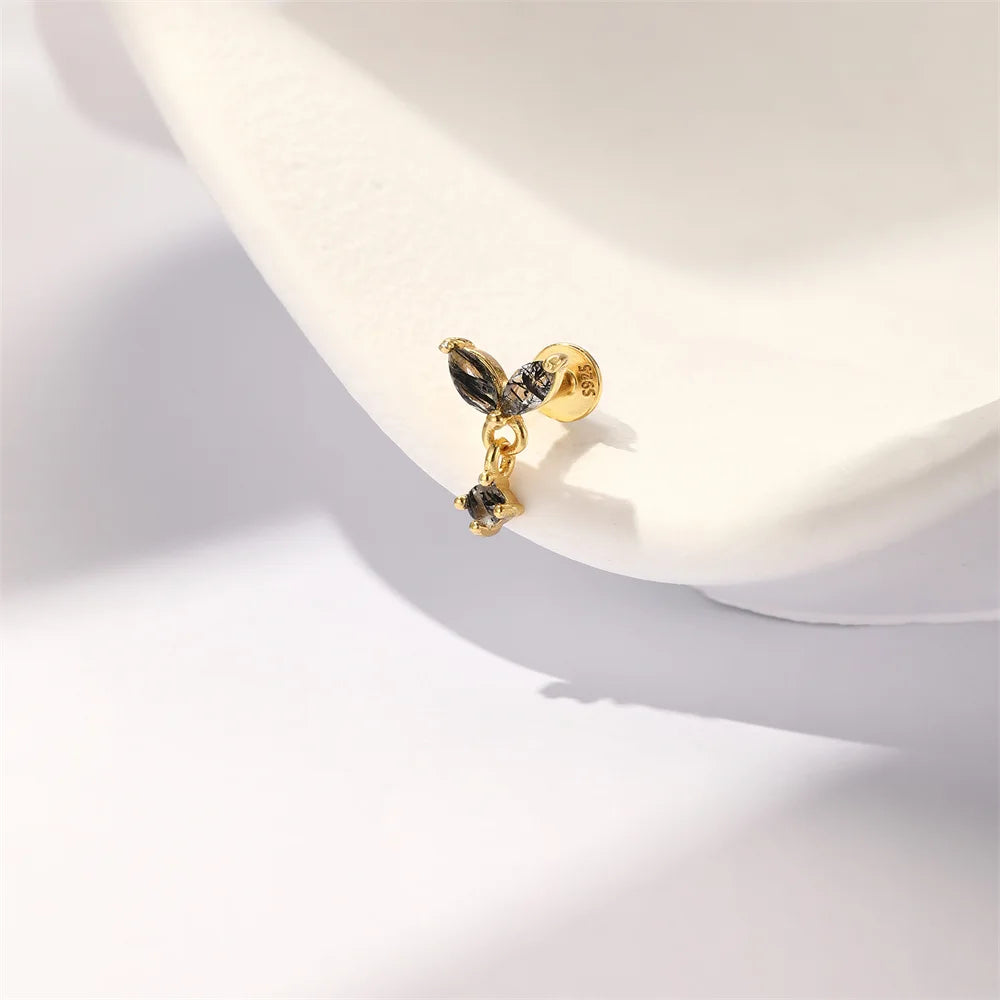 CANNER 1PC Natural Black Hair Quartz 925 Sterling Silver Horse Eye Flat Head Thread Puncture Earring Flower Piercing Earring