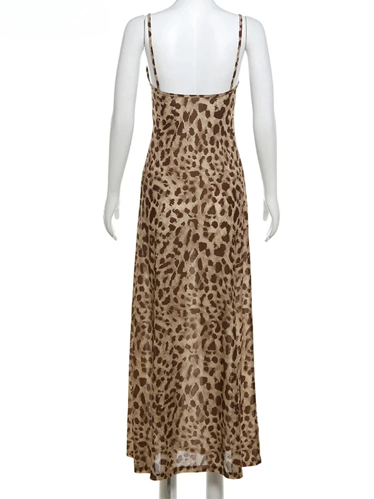 Mooyufon Leopard Print Dress Woman Summer Sexy Swing Collar Spaghetti Straps Backless Ruffles Party Clubwear Skinny Vestidos