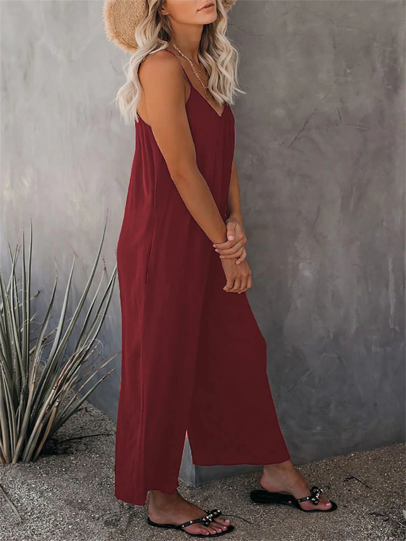 European and American Suspender Women's 2023 Summer New Foreign Trade Tolid Color Pocket Casual Jumpsuit