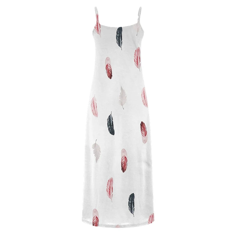 8Colour All-Season Chic Feather Print Maxi Dress Casual V-Neck Comfort Stretch Easy Care