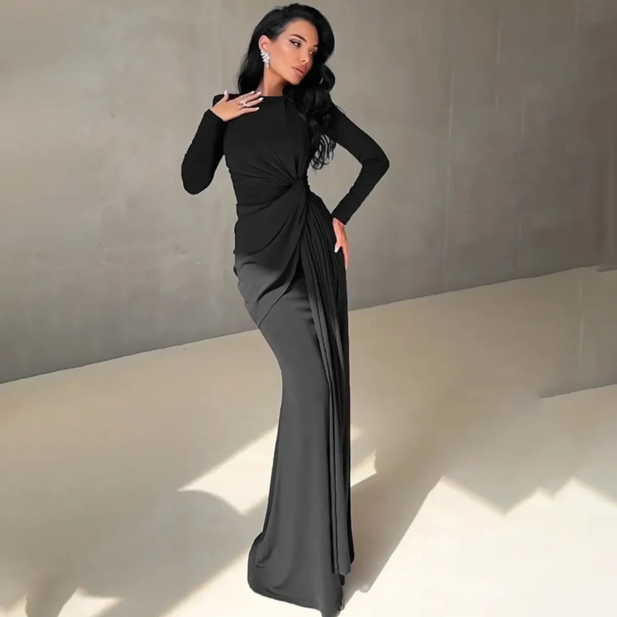 New Elegant High Waist Folds Long Maxi Pink Dresses for Women 2025 Chic O-neck Long Sleeve Tunics Slim Solid Party Evening Dress