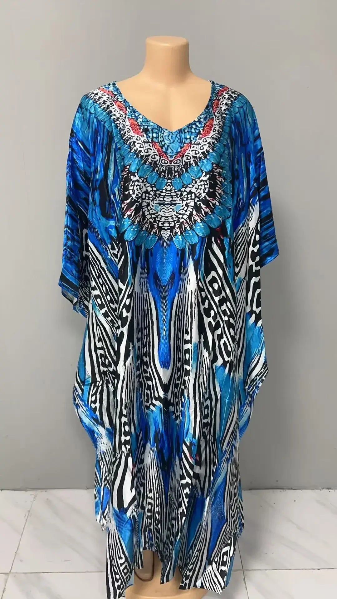 Comfortable plus Size Women's Dress Floral Print Loose Waist Long Skirt Batwing Sleeve V Neck Ankle Length Elegant Fashion