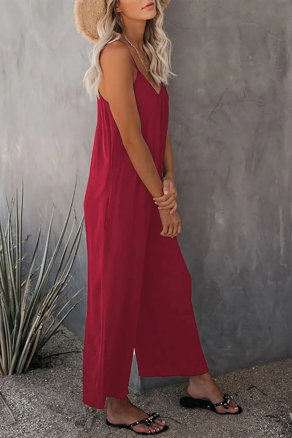 European and American Suspender Women's 2023 Summer New Foreign Trade Tolid Color Pocket Casual Jumpsuit