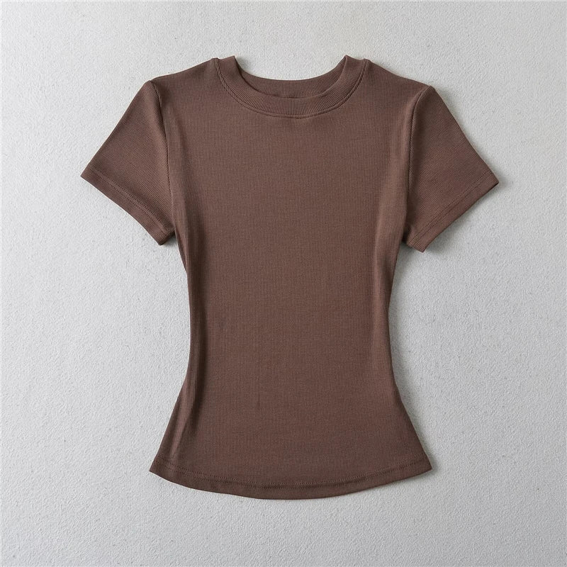 LUNDUNSHIJIA 2024 Summer Sexy Women Basic O-neck Short Sleeve T-shirt Ladies Slim Elasticity Cotton Tee Tops 12 Colors