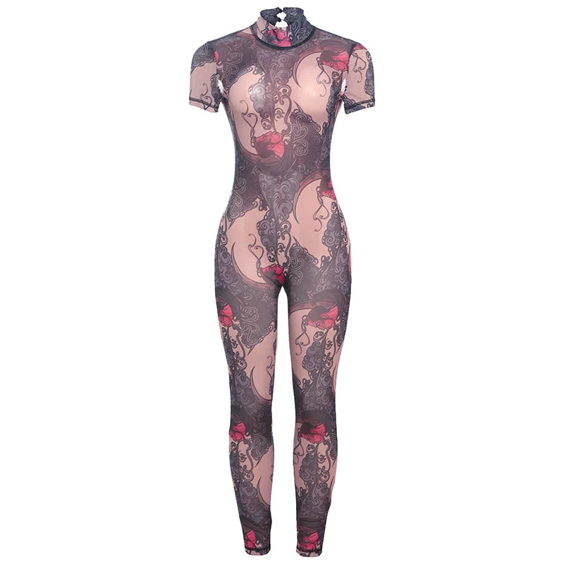 Nibber Colorful Print Jumpsuit Women Mesh See Through Coquette Summer Backless Peach Buttocks Tight Activity Clubwear Overalls