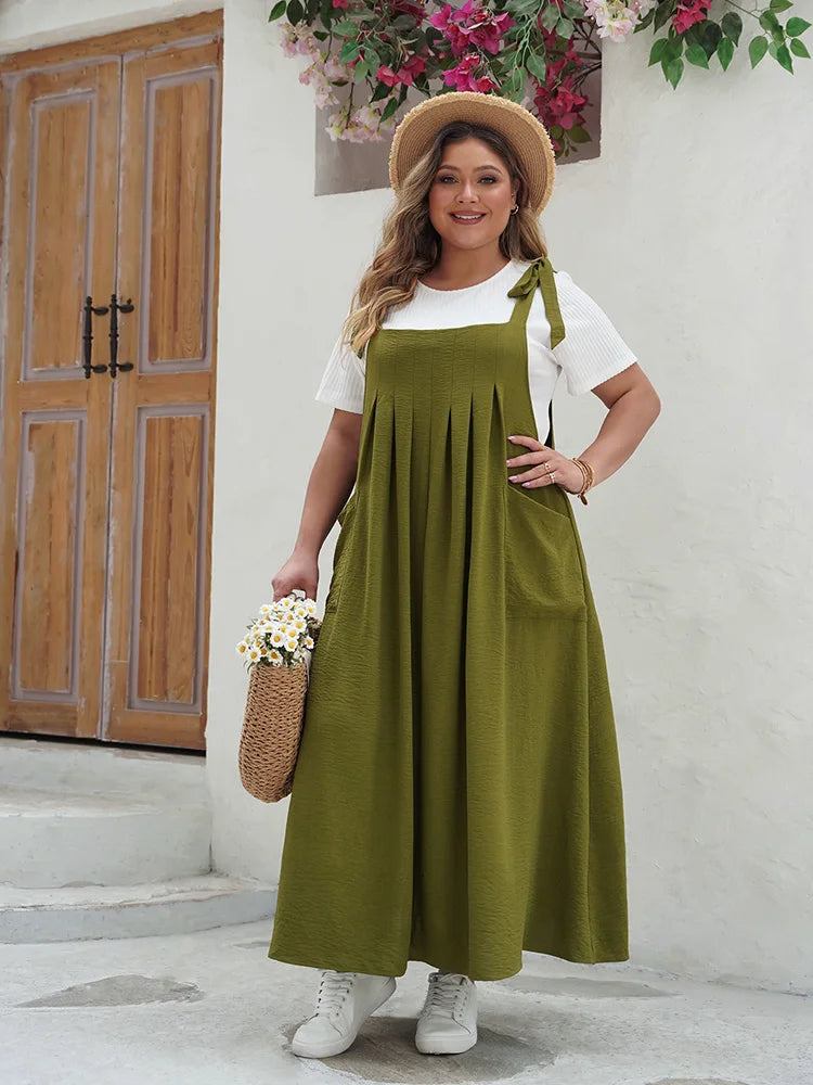 GIBSIE Plus Size Solid Tie Shoulder Overalls Dress For Women