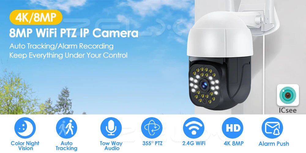 4K IP Camera WiFi 8MP Outdoor Speed Dome Auto Tracking PTZ Cam H.265 1080P Wireless Security Webcam Video Surveillance P2P iCsee