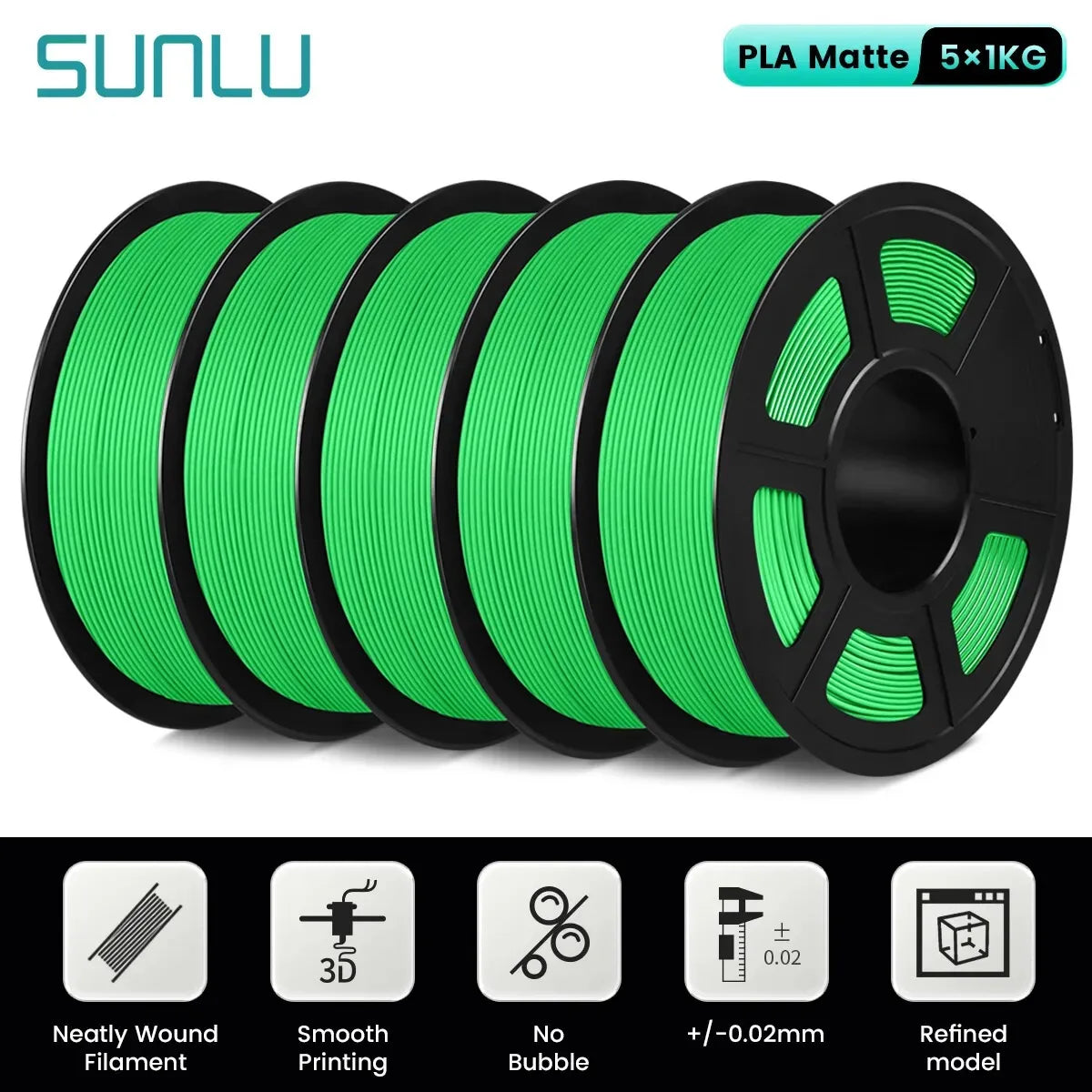SUNLU 5Roll PLA Matte Filament 1.75mm 1kg Spool (2.2lbs) Smooth Matte Finish Neatly Wound Filament Fit Most FDM Printer