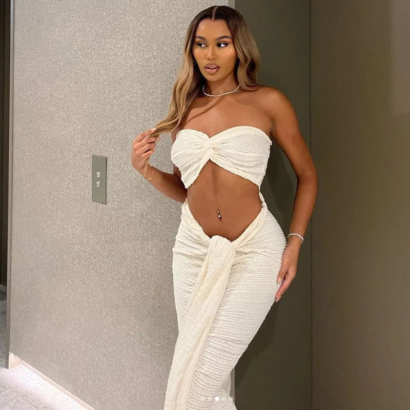 Ladies Autumn 2 Pieces Vacation Streetwear Skirt Set Women Sleeveless Backless Tube Crop Top Maxi Dress Clubwear Fall Outfits