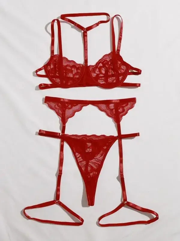 Women's Sexy Lingerie Set Floral Lace Underwear Suit for Women Mesh Hollow Out Bra Suits Female Bra Thongs Three-piece Lingerie