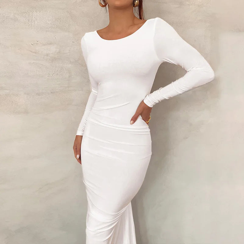 Ladies Autumn Elegant Evening Party Dress Women Long Sleeve Backless Ruched Fashion Long Dresses Woman Clothes Birthday Clubwear